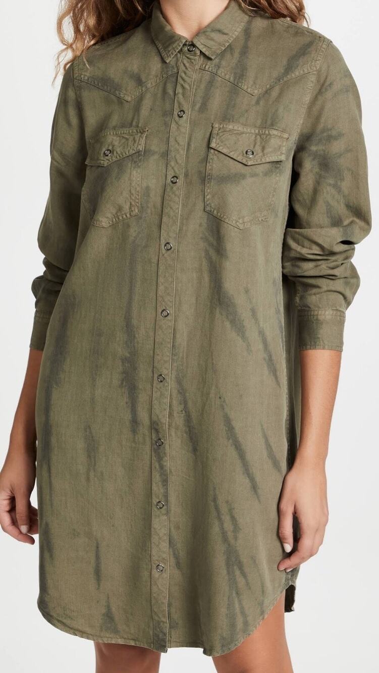 Rails Sandra Olive Green Western Long Sleeve Button Front Linen Shirt Dress XS